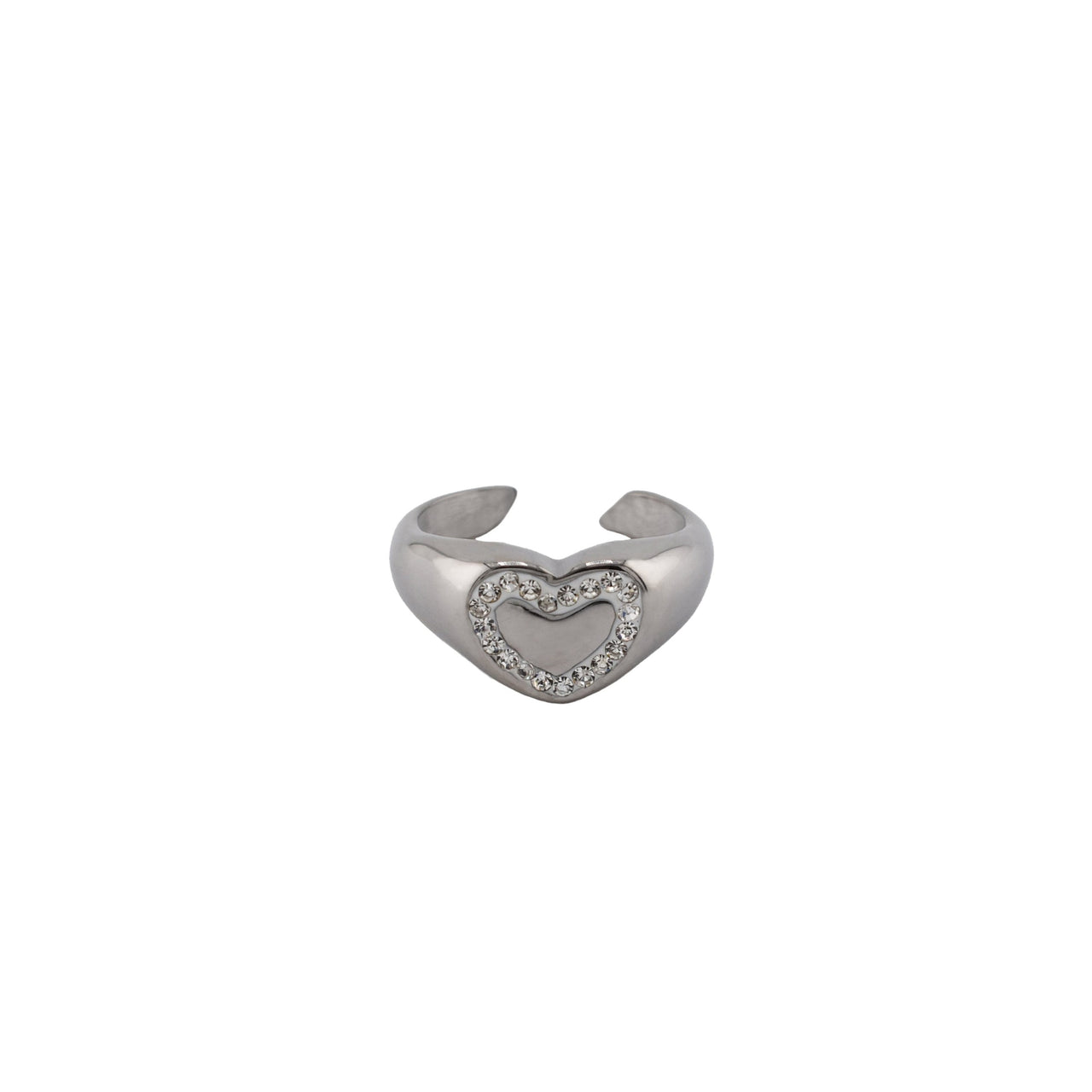 A silver-colored signet heart ring with clear crystal stones set in a white inlay, available in two US ring sizes.