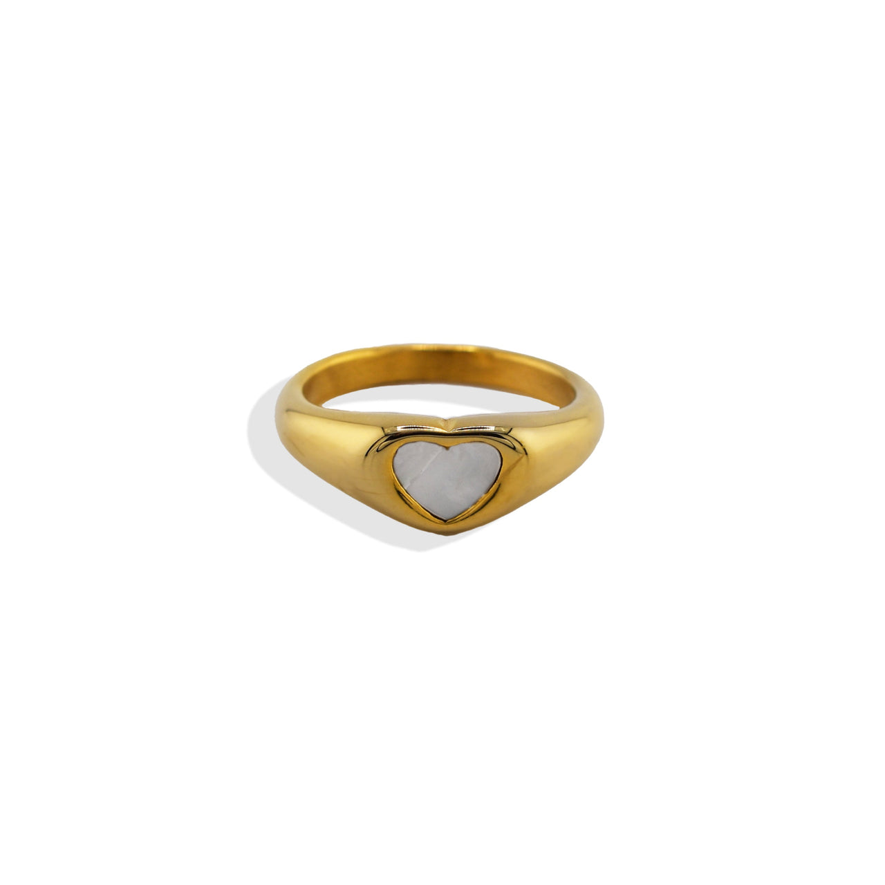 A gold signet ring with a mother of pearl center, displayed against a white background.