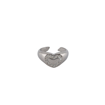 A silver-colored signet heart ring with clear crystal stones set in a white inlay, available in two US ring sizes.