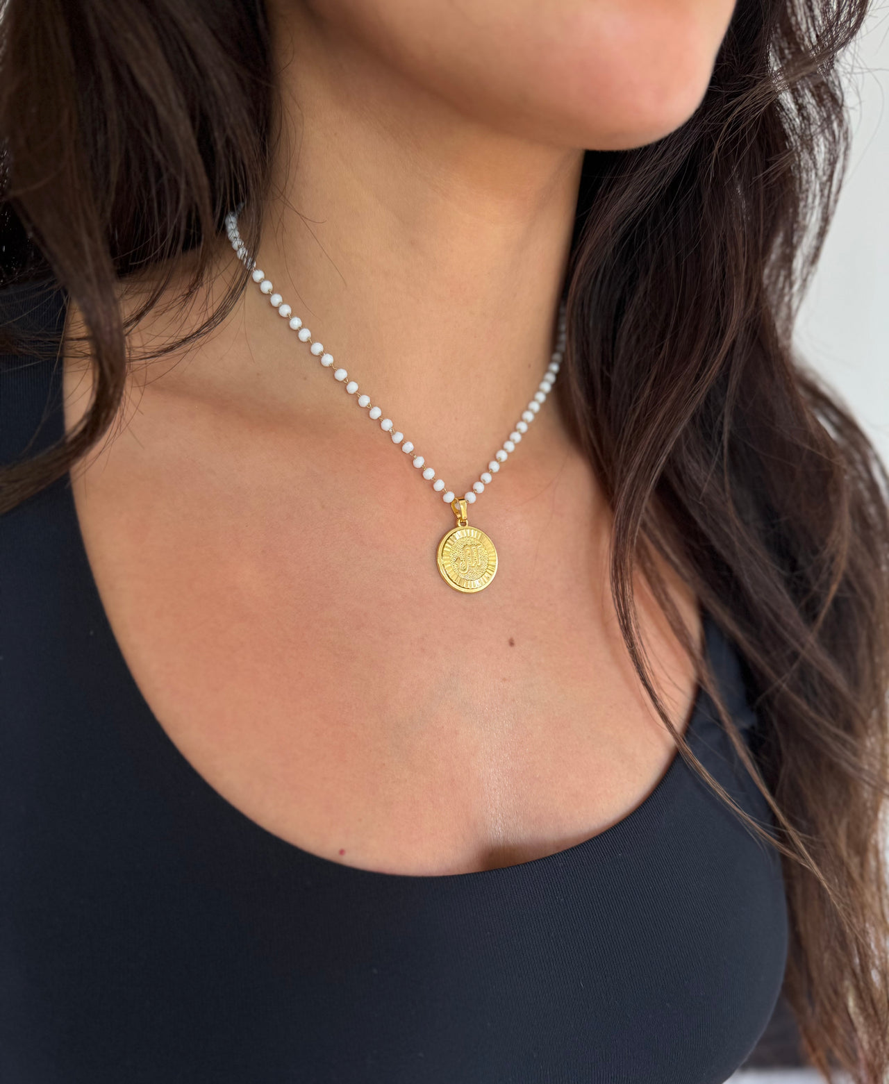 Gold Coin Zodiac Necklace White