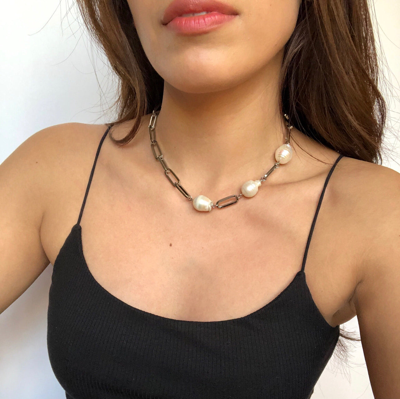 Chunky Asymmetrical Pearl and Metal Necklace