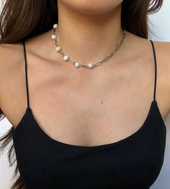 Pearl and Silver Paperclip Necklace