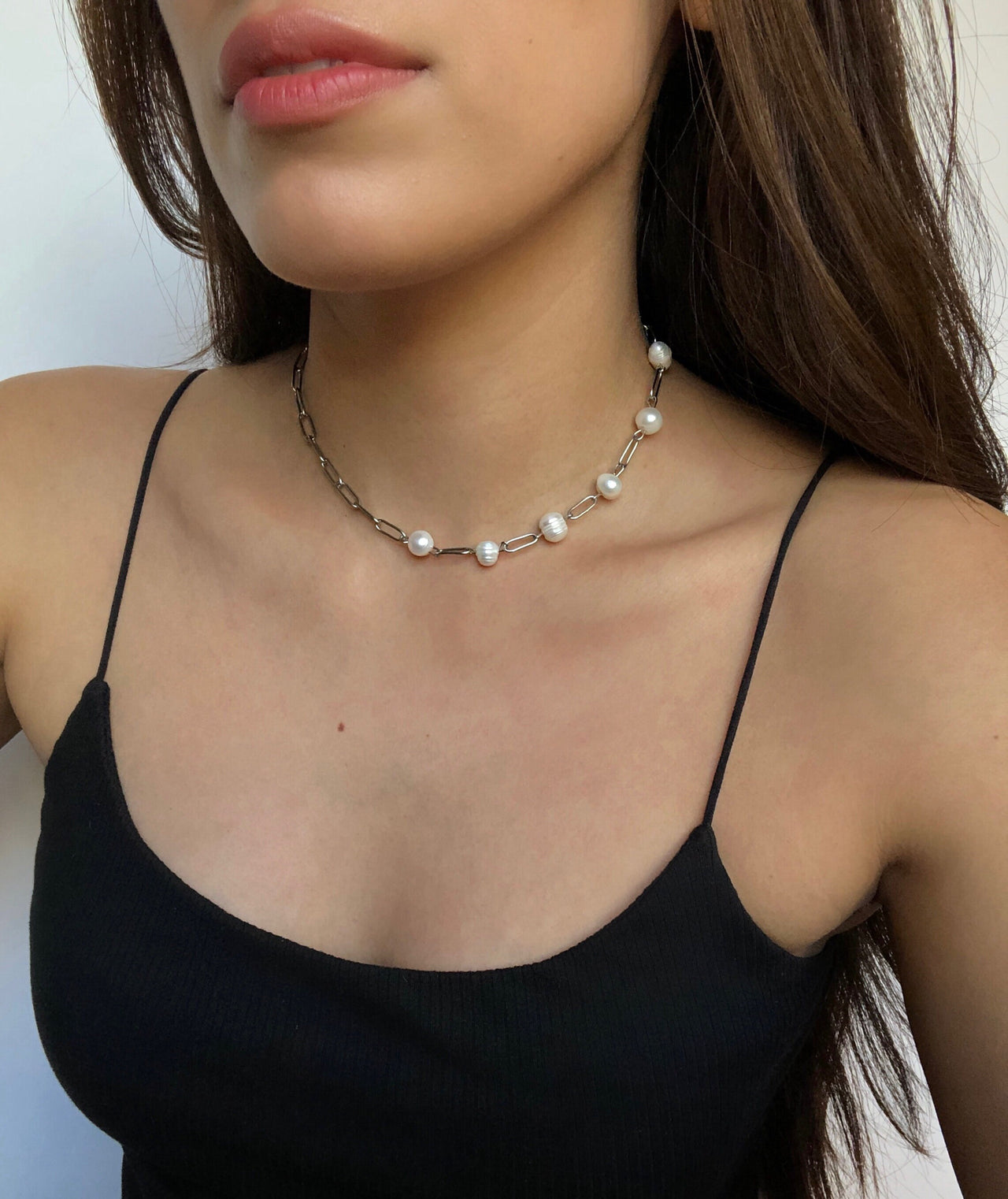 Pearl and Silver Paperclip Necklace