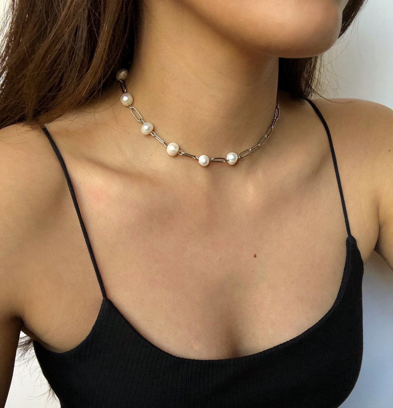 Pearl and Silver Paperclip Necklace