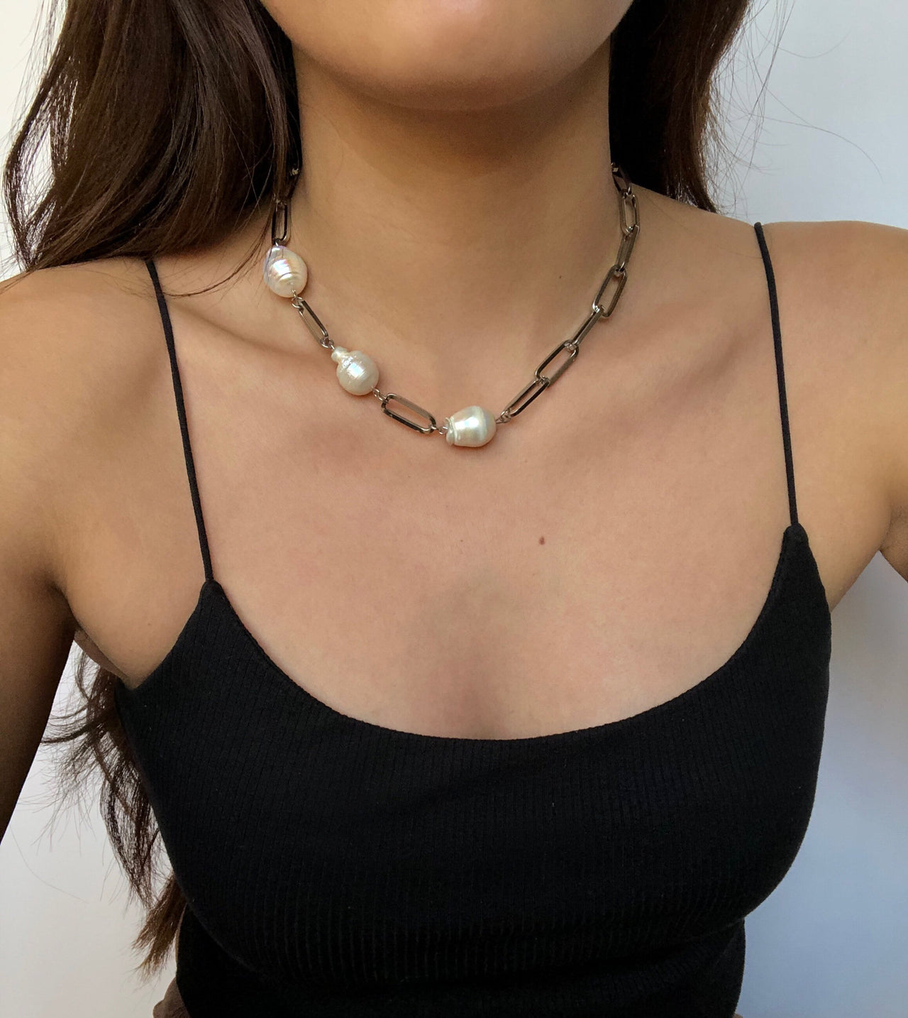 Chunky Asymmetrical Pearl and Metal Necklace