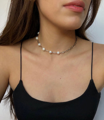 Pearl and Silver Paperclip Necklace