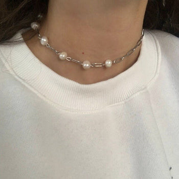 Pearl and Silver Paperclip Necklace
