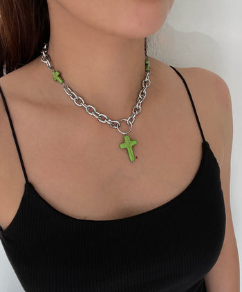 Chunky Cable Link Cross Lariat Necklace