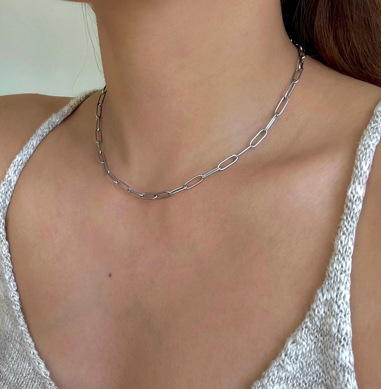 Thin Silver Paperclip Chain Necklace