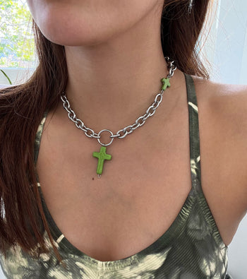 Chunky Cable Link Cross Lariat Necklace