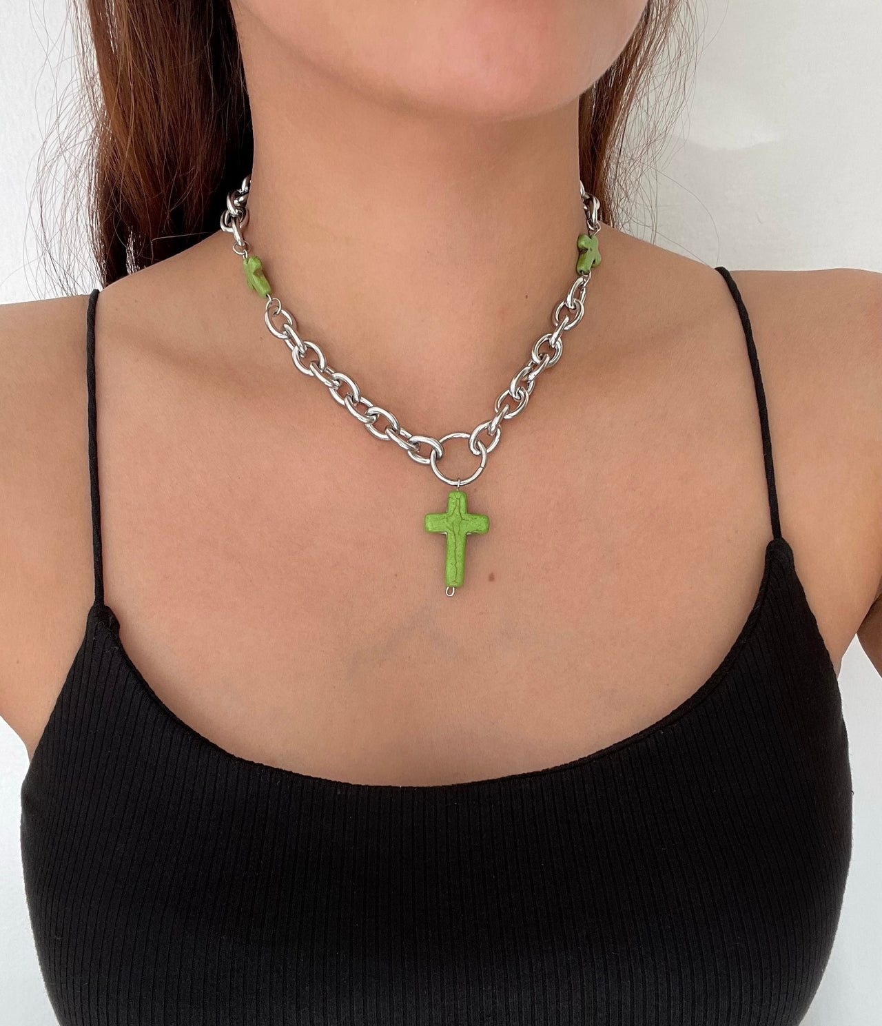 Chunky Cable Link Cross Lariat Necklace