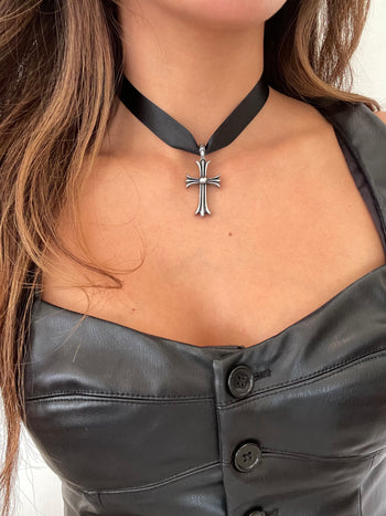 Black Cross Satin Choker