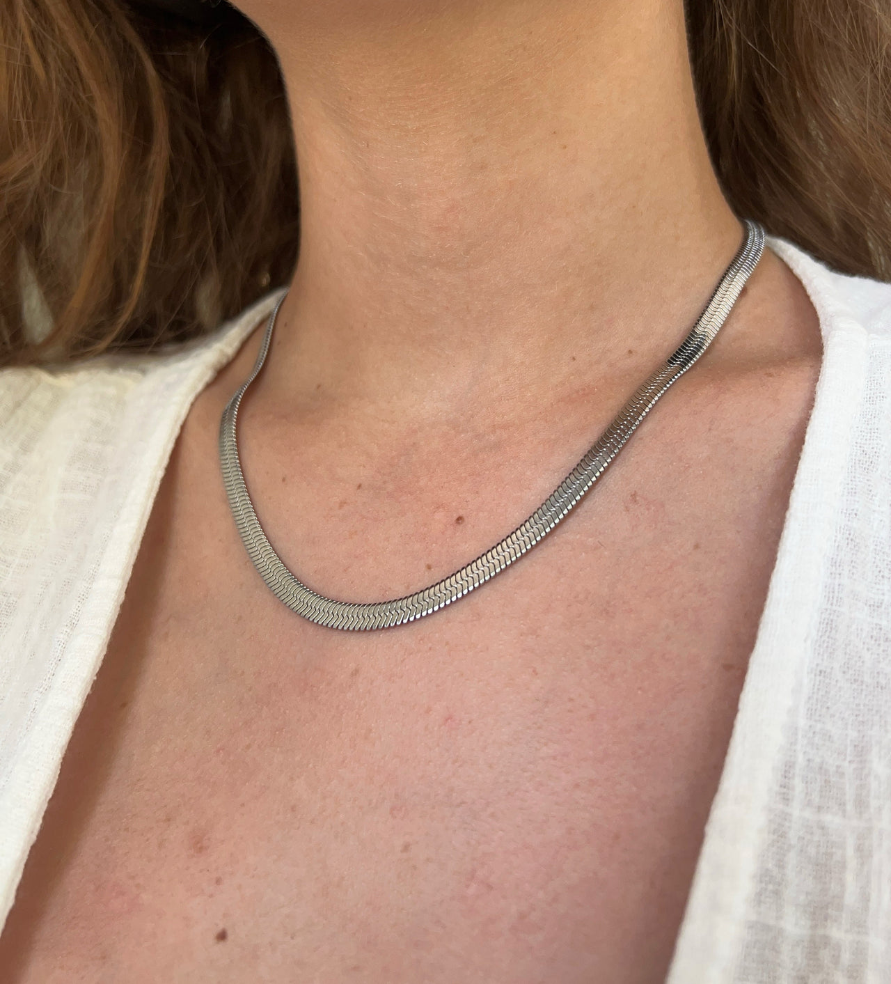 Silver Herringbone Snake Chain Necklace